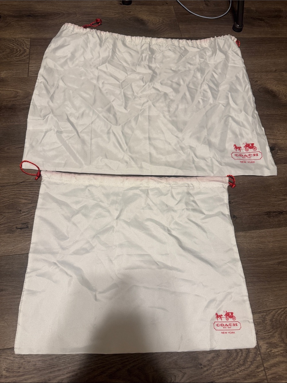 Coach White Satin Drawstring Dust Bags with Red Logo - Set of 2